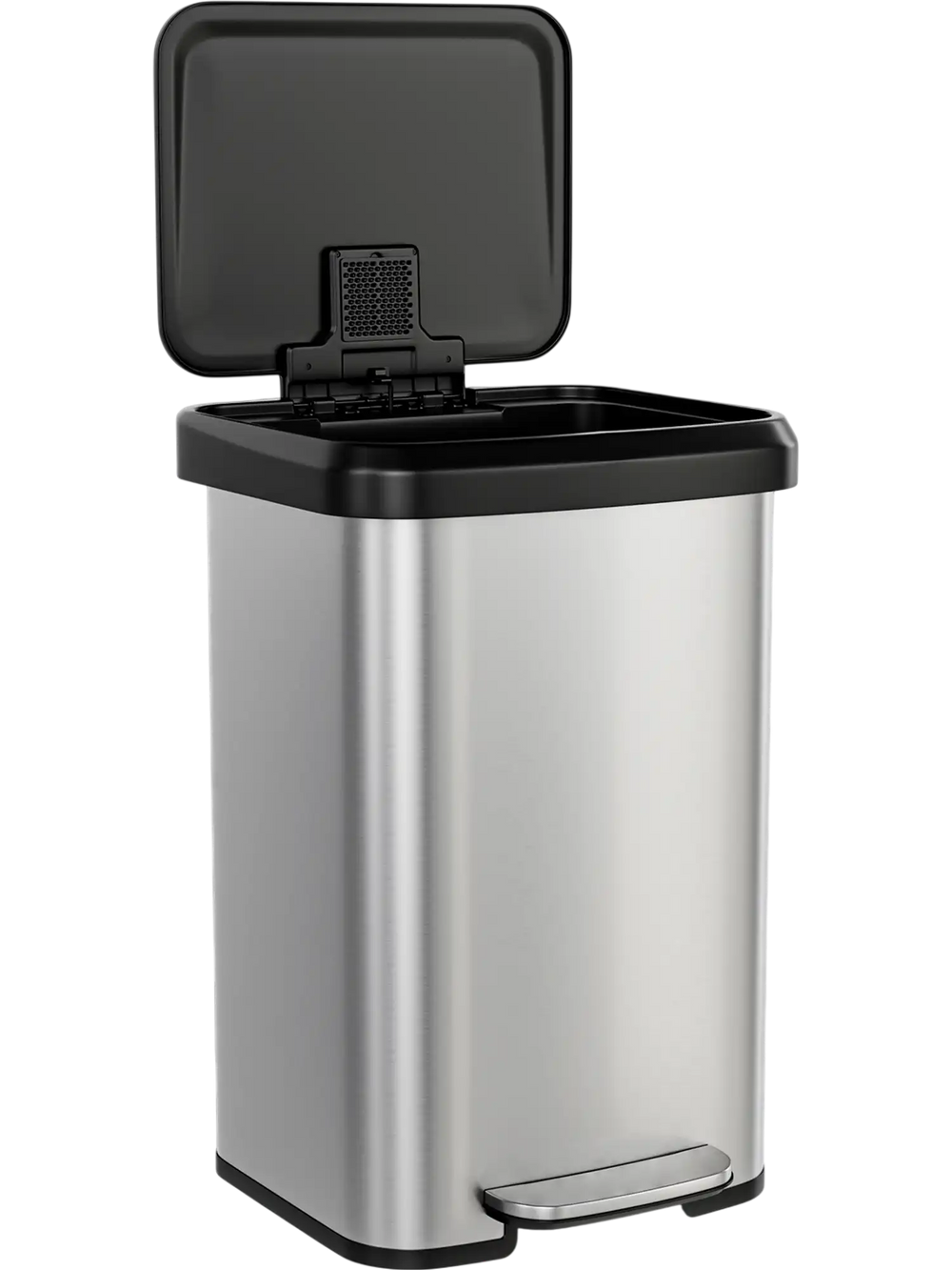 Stainless steel 13.2-gallon step trash can with soft close lid and built-in deodorizer compartment for home or office.