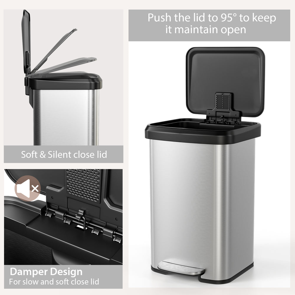 13.2-gallon stainless steel step trash can with soft close lid, deodorizer compartment, and stay open function for easy.