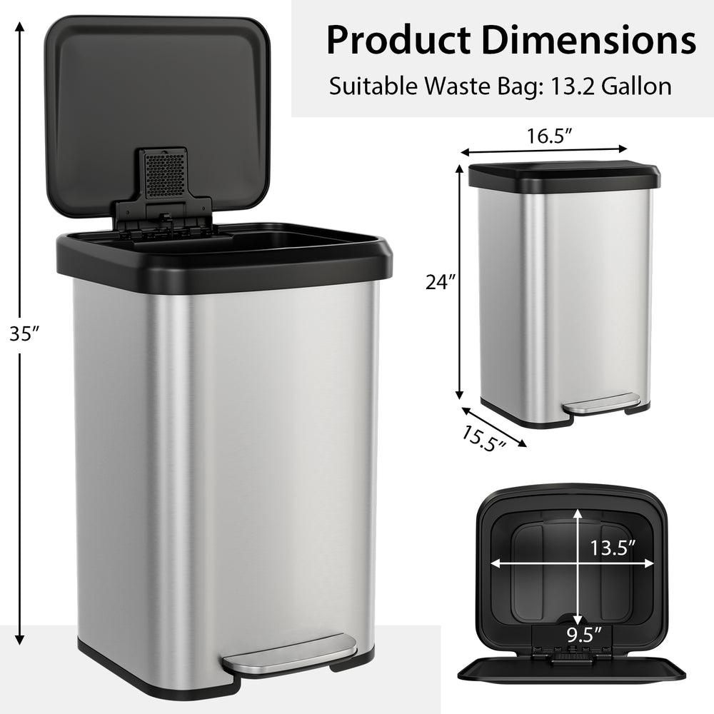 13.2-gallon stainless steel step trash can with soft close lid and deodorizer compartment, ideal for home or office use.