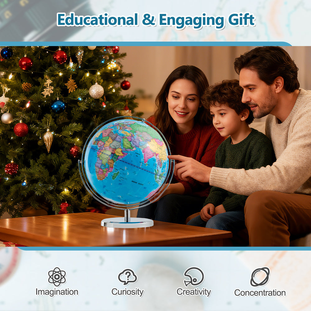 Illuminated 13-inch world globe with 720° rotation, ideal for educational use and decorative lighting in playrooms.