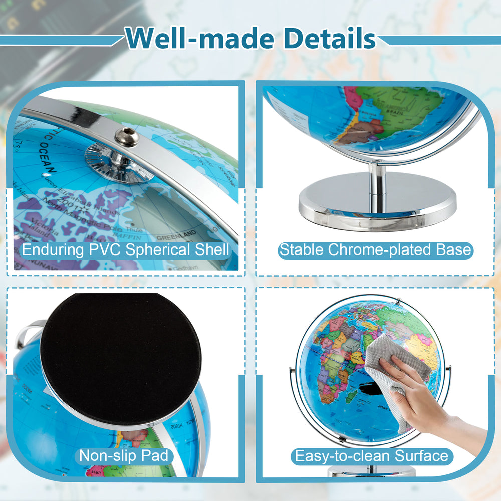Illuminated 13-inch world globe with PVC shell, chrome base, and non-slip pad, ideal for educational decoration.