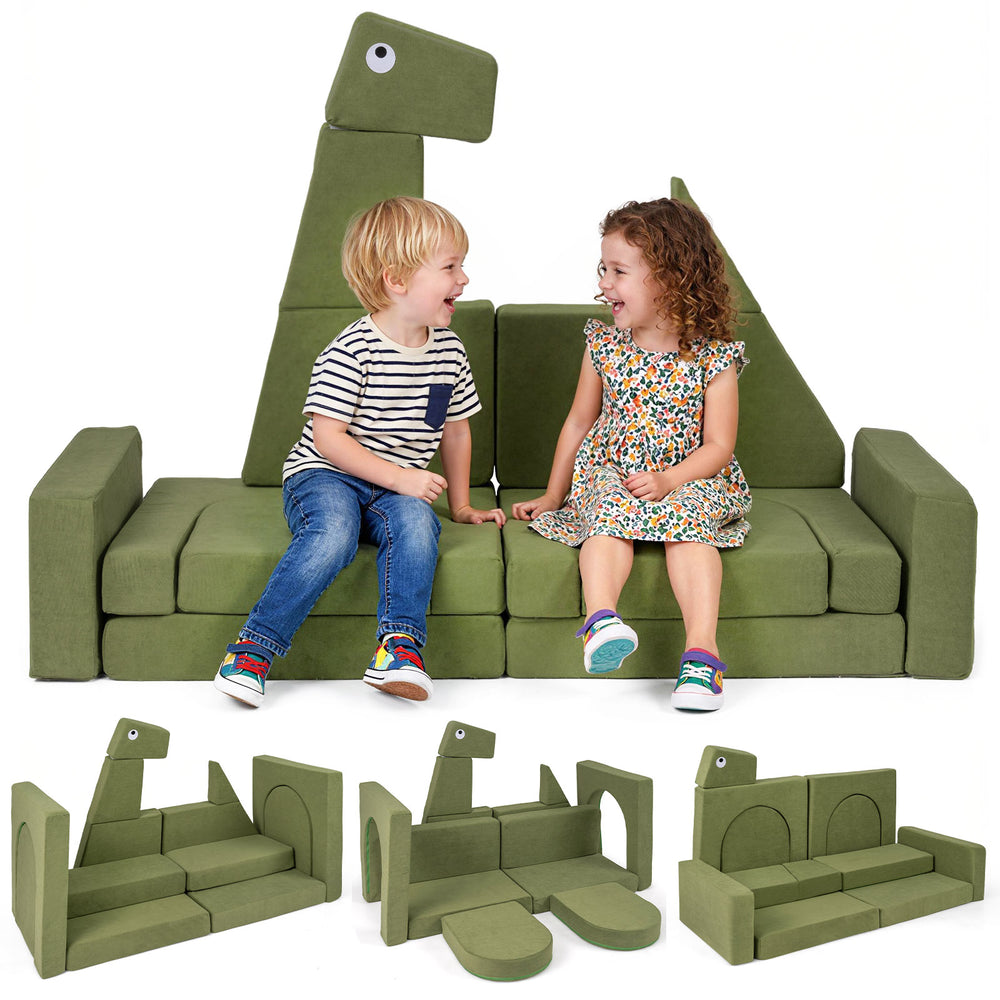 Modular kids play couch in green, featuring soft velvet fabric and high-density foam, perfect for imaginative play and.
