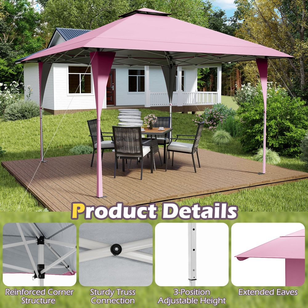 Pink 13 x 13 ft pop-up gazebo with extended eaves, adjustable height, and sturdy truss connections for outdoor.