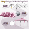 Pop-up gazebo setup steps showing a pink canopy, portable carrying bag, and height adjustment for outdoor events.