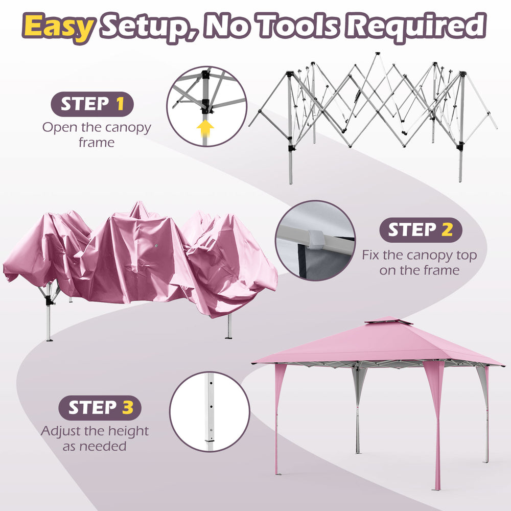 Pop-up gazebo setup steps showing a pink canopy, portable carrying bag, and height adjustment for outdoor events.