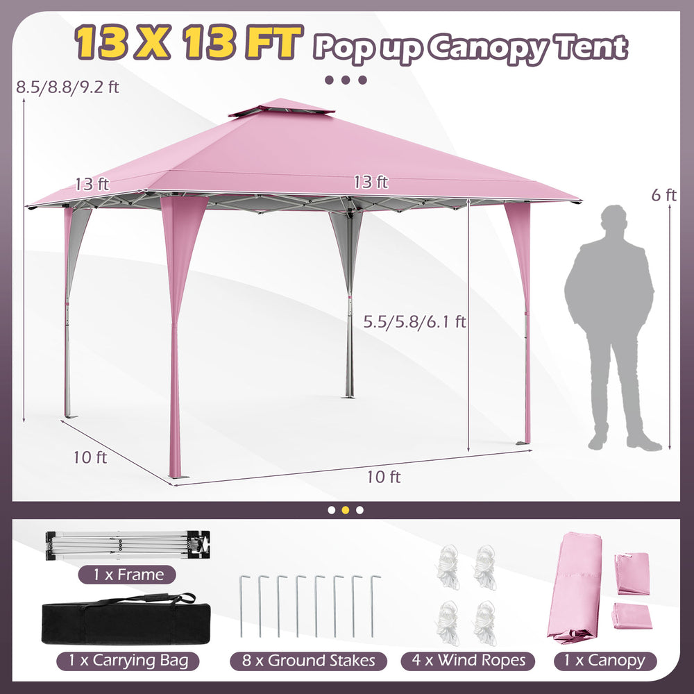 Side view of the pink 13 x 13 ft pop-up gazebo showcasing the reinforced corners and secure locking rings for stability.