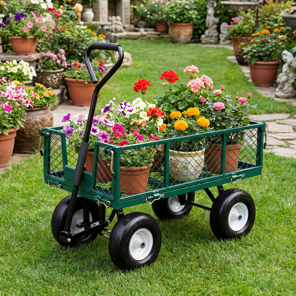 Solid rubber flat-free tires and wheels set for garden carts, featuring a 440 lb load capacity and smooth tread for.