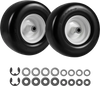Set of two 13 x 6.50-6 flat free solid rubber tires with white wheels, ideal for riding mowers and garden carts.