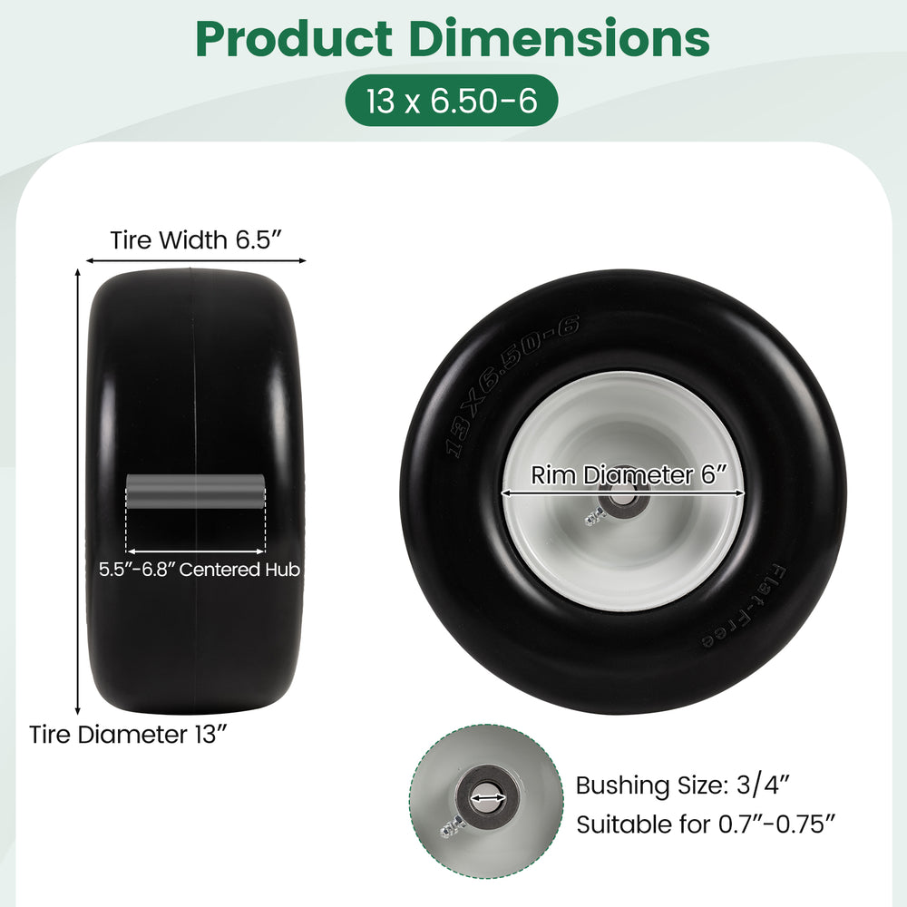 13 x 6.50-6 flat free tire with solid rubber construction, 440 lb capacity, suitable for riding mowers and garden carts.