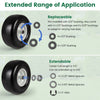 13 x 6.50-6 flat free tires with solid rubber construction, featuring replaceable bushings and extendable hub length.