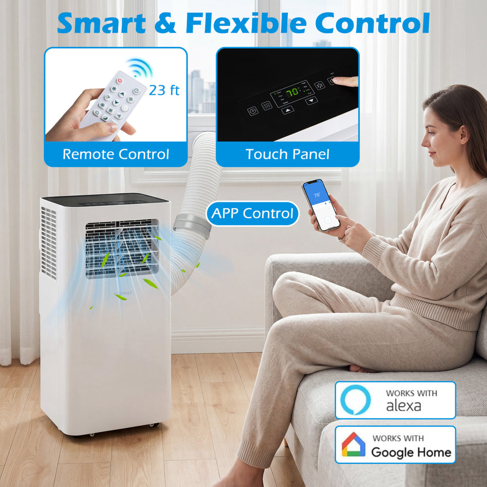 14000 BTU smart AC unit with remote control, touch panel, and app control for efficient cooling and comfort.