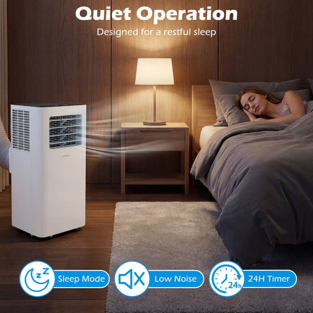 14000 BTU smart AC unit in a bedroom, featuring quiet operation, sleep mode, and remote control for comfort.