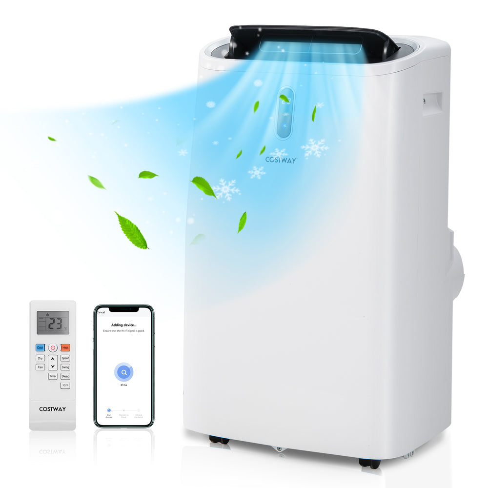 14000 BTU portable air conditioner in white with WiFi control, featuring touch panel and oscillation for efficient.