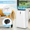 14000 BTU portable air conditioner in white with recessed handle and caster wheels for easy mobility in any room.