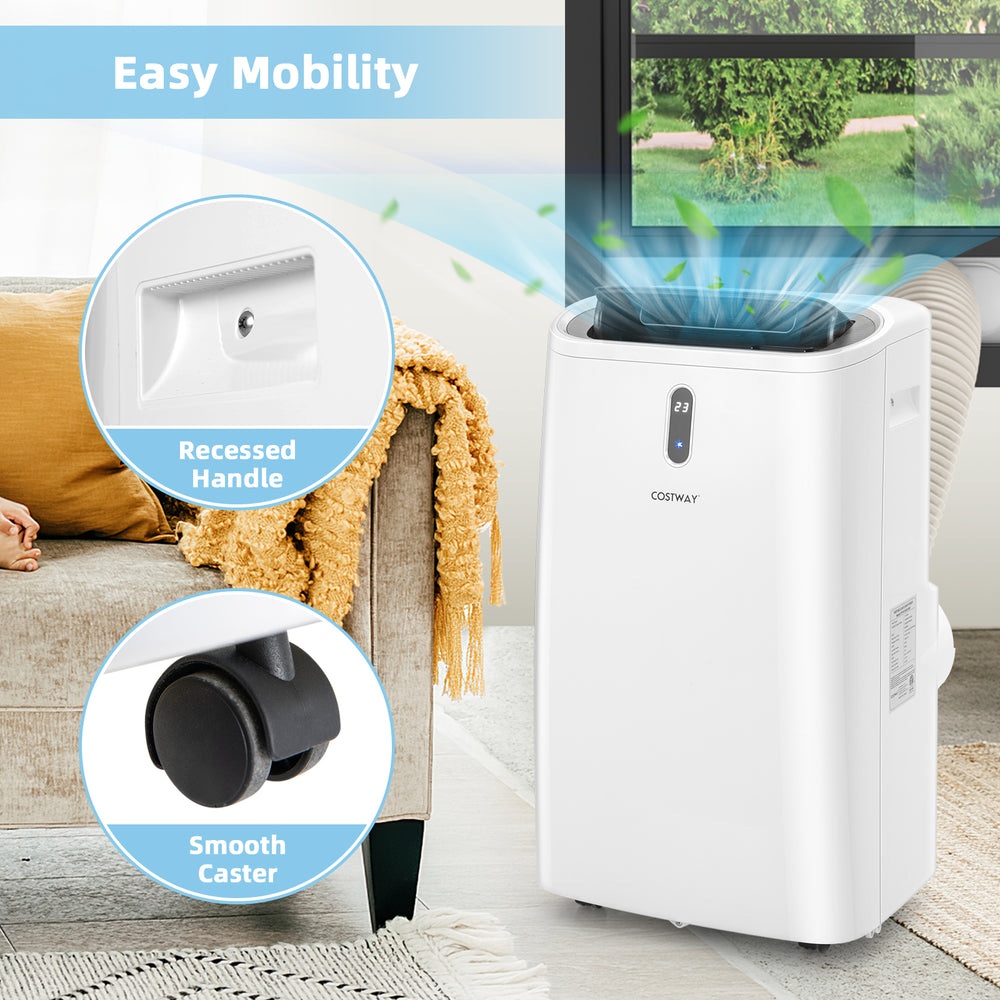 14000 BTU portable air conditioner in white with recessed handle and caster wheels for easy mobility in any room.