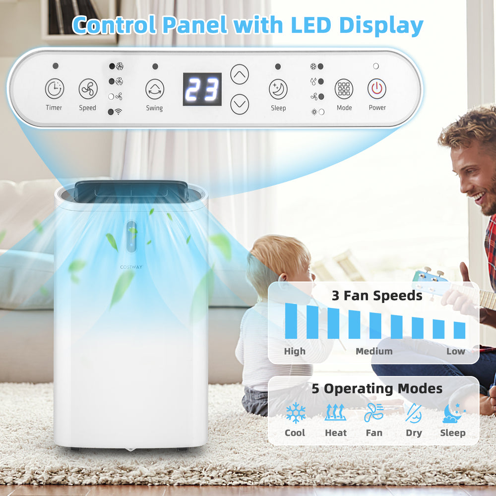 Control panel of the 14000 BTU portable air conditioner with LED display, featuring 3 fan speeds and 5 operating modes.