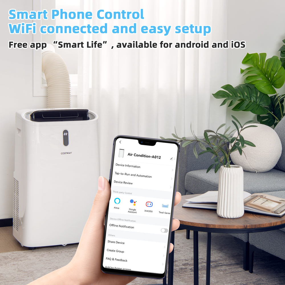 14000 BTU portable air conditioner in white with smartphone control app, ideal for living rooms and bedrooms.