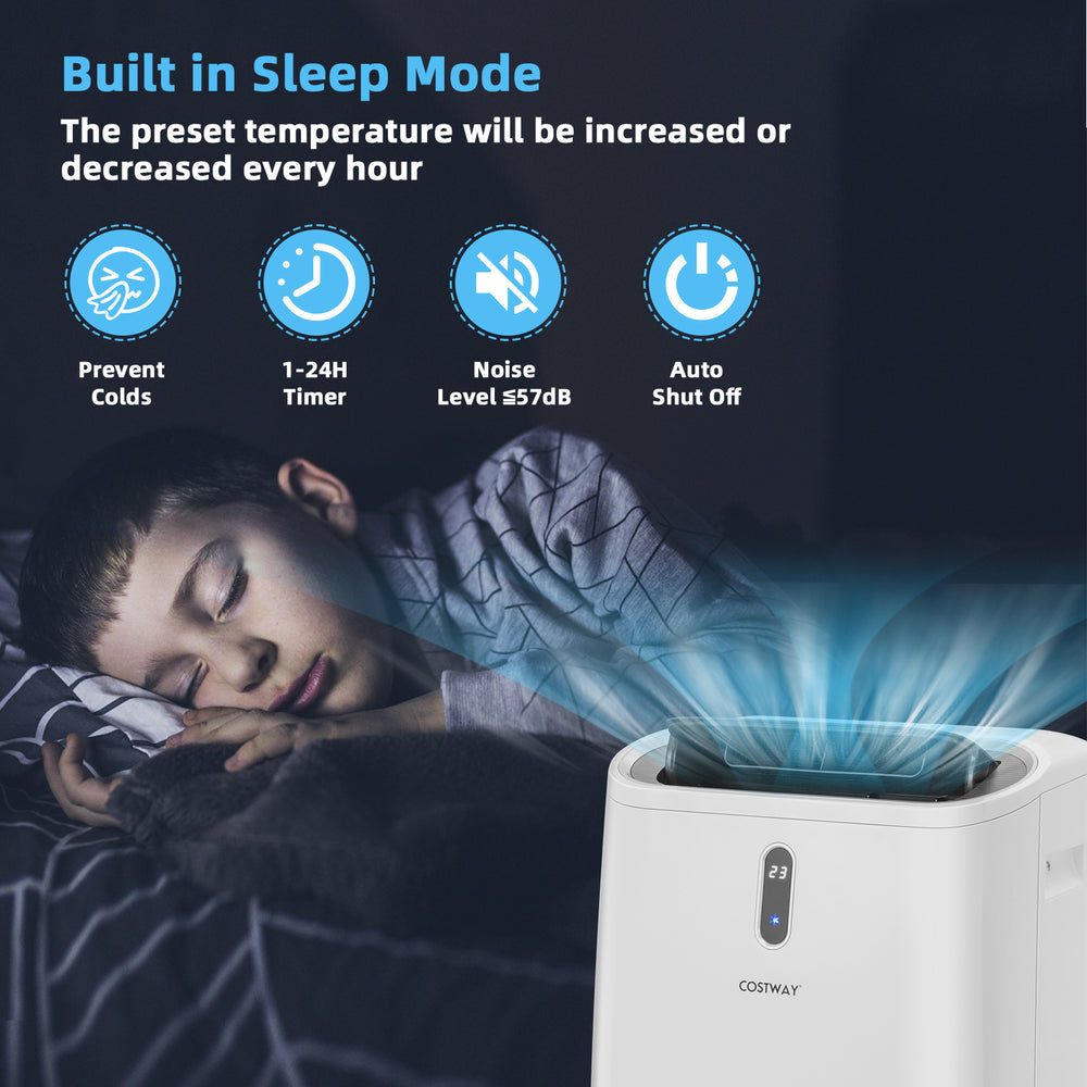 14000 BTU portable air conditioner in white with sleep mode, WiFi control, and quiet operation for comfortable living.