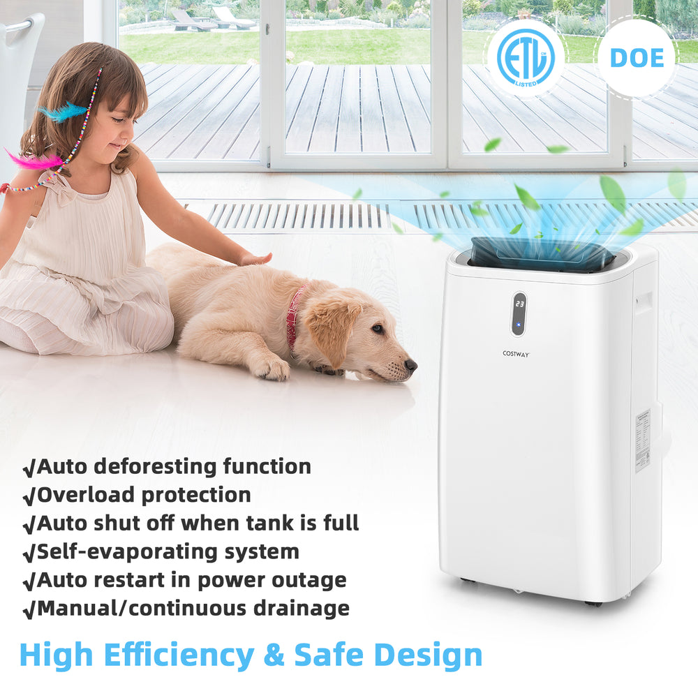 14000 BTU portable air conditioner in white with WiFi control, showcasing top-mounted panel and stylish design for home.