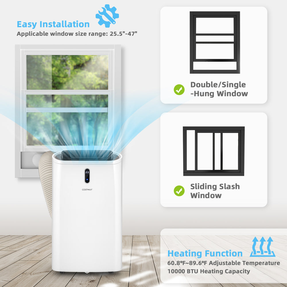 14000 BTU portable air conditioner with WiFi control, showing easy installation for double/single-hung windows.