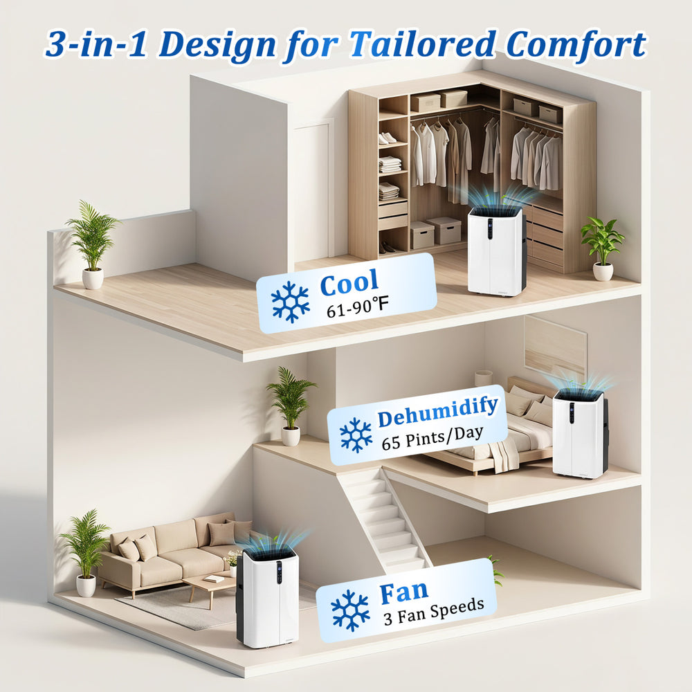 Portable AC unit in black with 3 adjustable fan speeds and a 24-hour timer for tailored comfort in any room.