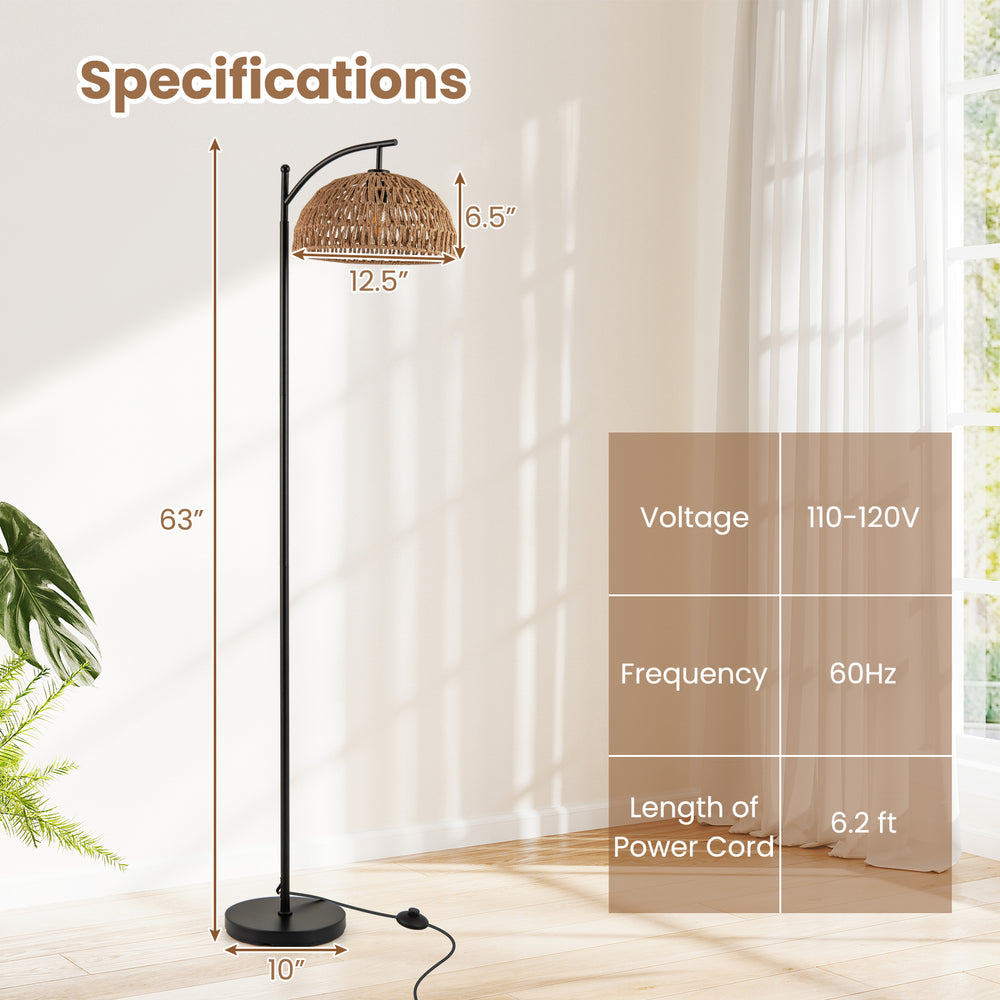 Arc floor lamp with a hanging lampshade, 63 inches tall, black finish, ideal for living room or bedroom lighting.