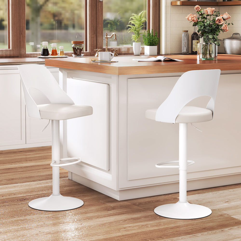 White bar stools set of 2 with PU leather seats and footrests, ideal for kitchens and dining areas.
