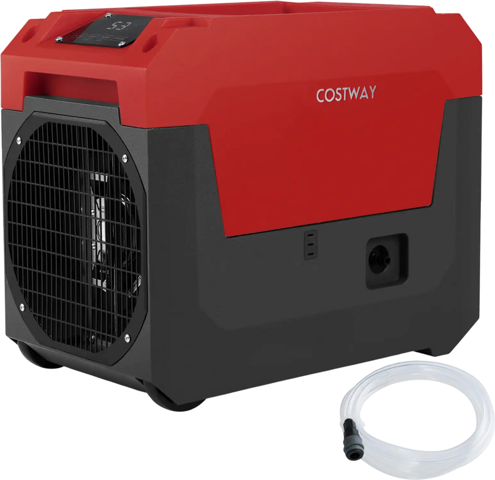 140 Pints commercial dehumidifier in red with pump, drain hose, and control panel, ideal for large spaces and basements.