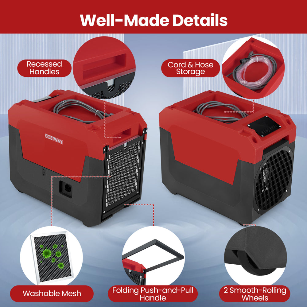 140 pints commercial dehumidifier in red with pump, drain hose, and smooth-rolling wheels for easy mobility.
