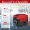 140 Pints commercial dehumidifier in red with high airflow rate, ideal for large spaces like basements and warehouses.