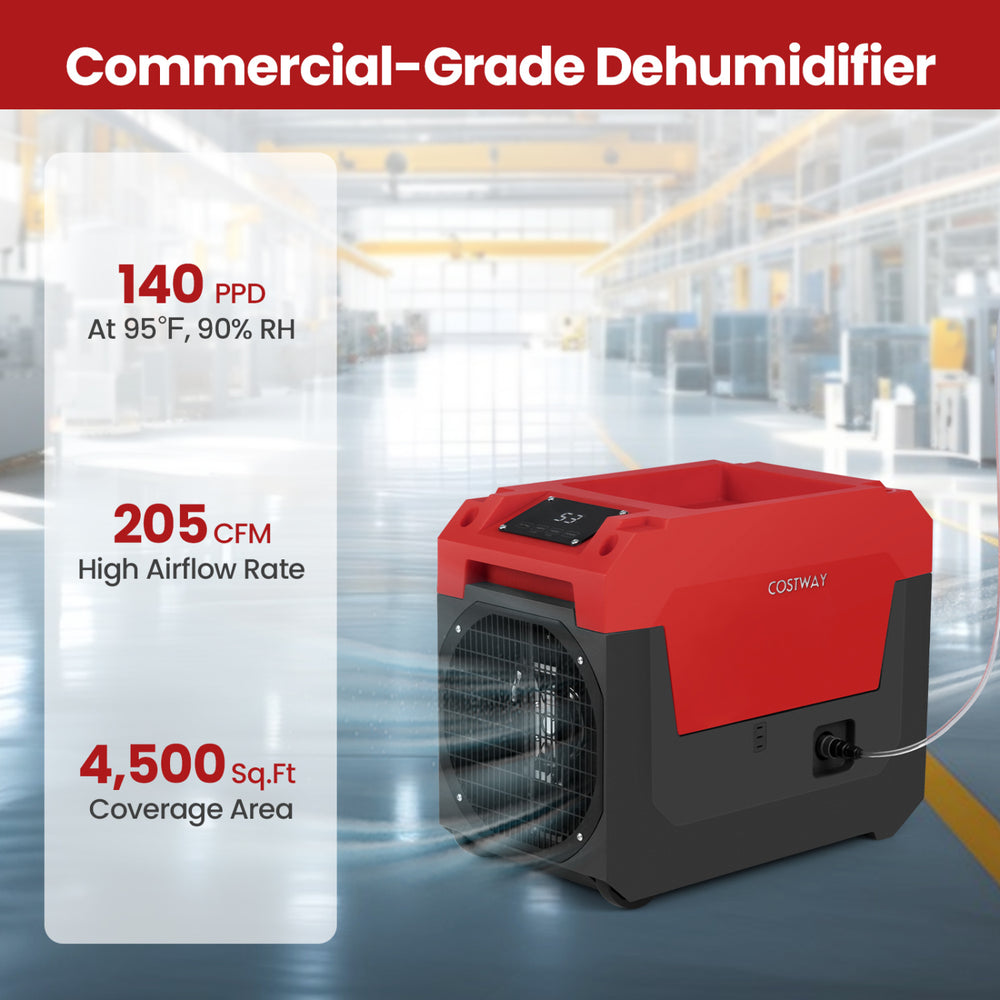 140 Pints commercial dehumidifier in red with high airflow rate, ideal for large spaces like basements and warehouses.