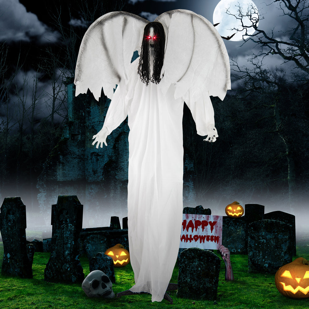 This Halloween animatronic angel features flapping wings and a spooky face, perfect for creating a chilling atmosphere.