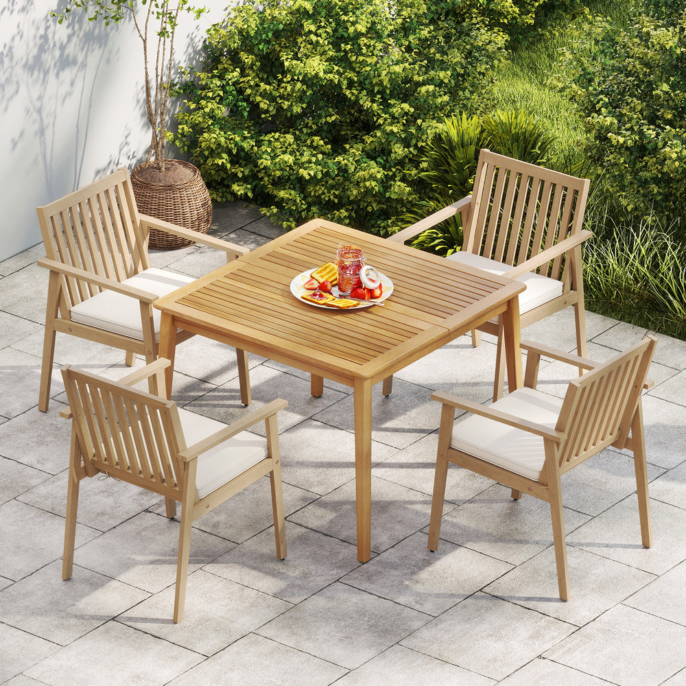 Acacia wood patio dining chairs with removable cushions, ideal for backyard relaxation and outdoor dining.