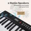 Close-up of the 88 key foldable piano keyboard featuring dual stereo speakers and an easy-to-read LED screen.