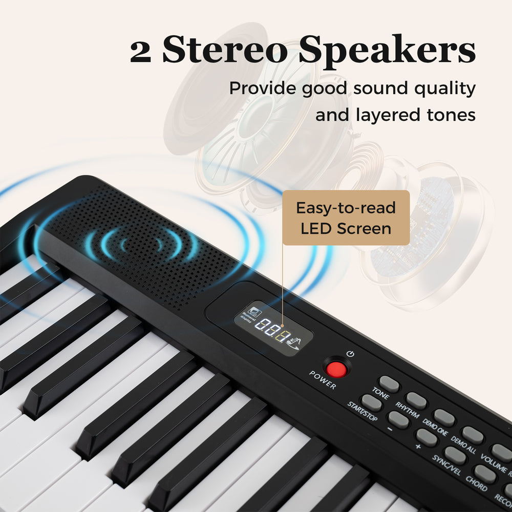 Close-up of the 88 key foldable piano keyboard featuring dual stereo speakers and an easy-to-read LED screen.