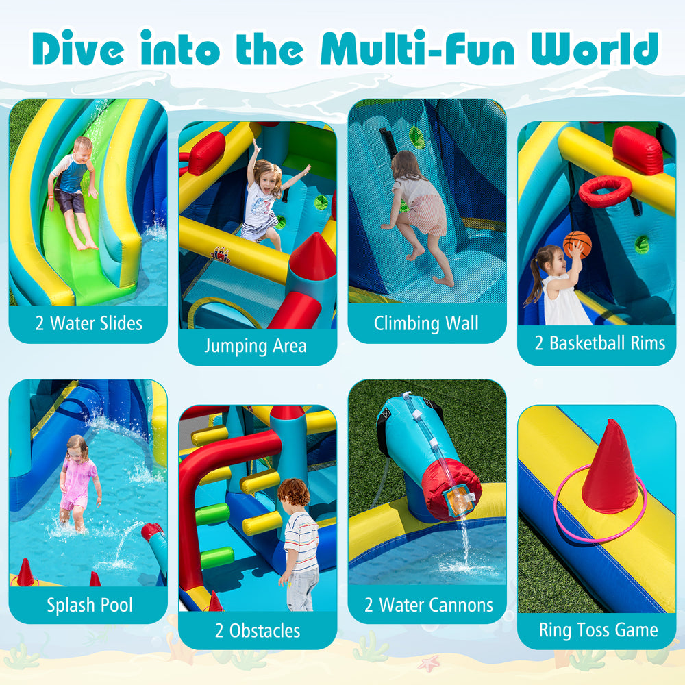 Inflatable Double Water Slide Park featuring two slides, climbing wall, and water cannons for outdoor fun and.