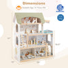 Wooden dollhouse with 33 furniture pieces, featuring movable stairs and a robust structure for kids aged 3 and up.