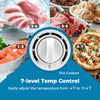 Compact chest freezer with 7-level temperature control, adjustable from -4°F to 10.4°F, ideal for efficient storage.