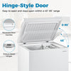 Hinge-style door of the 141 L compact chest freezer with recessed handles, allowing easy access and organization.