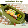 Under-seat storage in the green ride-on toy holds snacks and building blocks for fun and organized play.