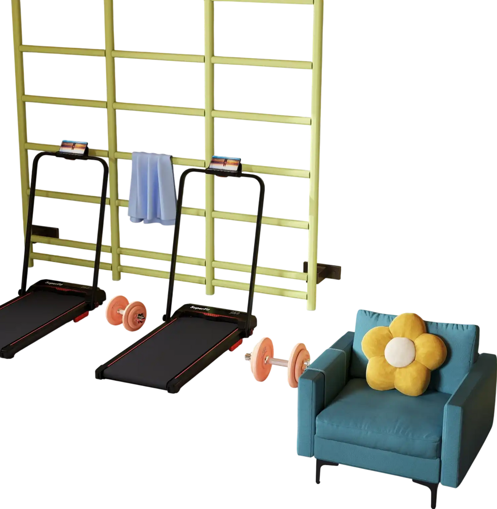 Home Fitness & Relaxation Set – 3 in 1 Folding Treadmill and Modern Accent Chair