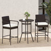 Bar height table and chairs set with white cushions, made of PE wicker, perfect for outdoor porch relaxation.