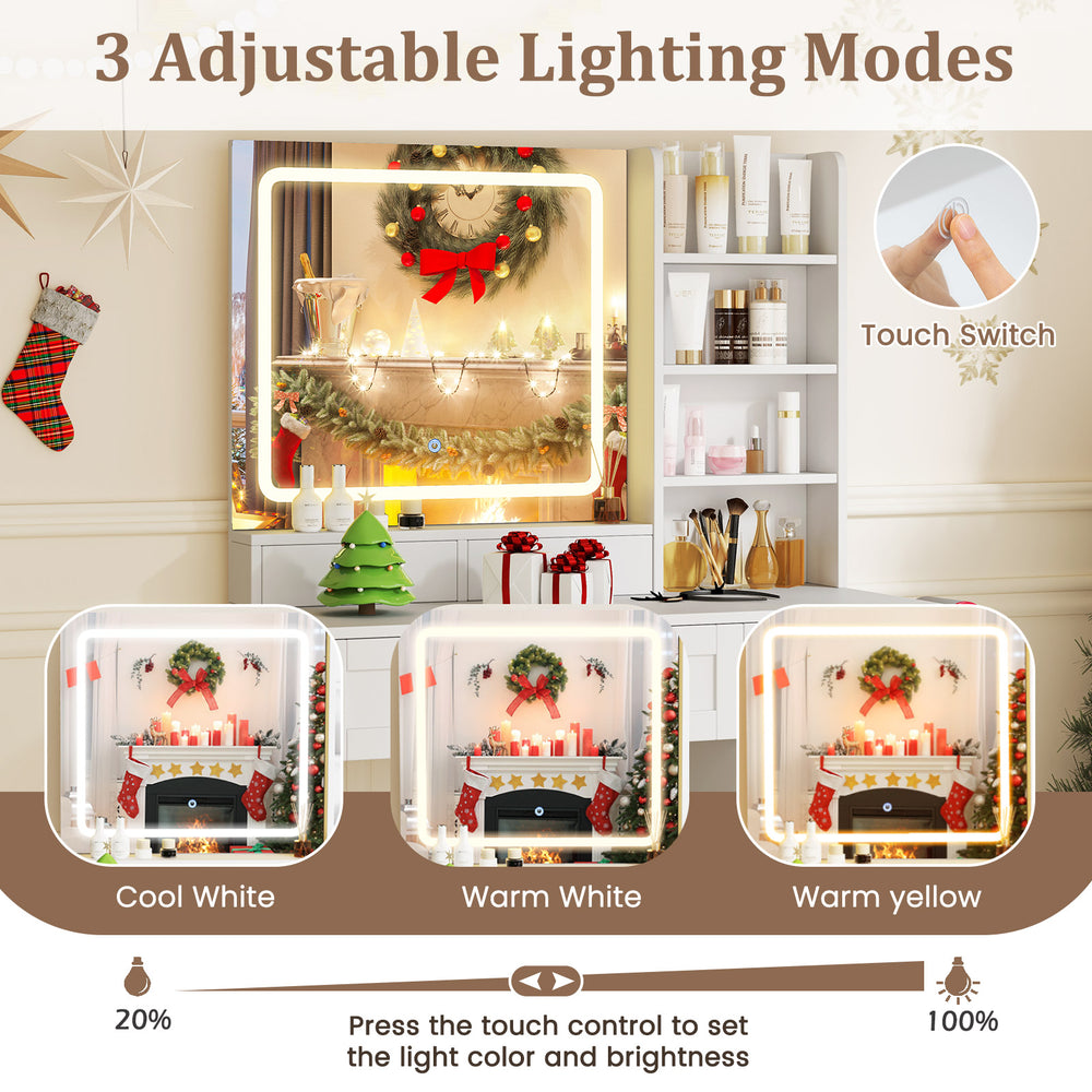 Vanity set with mirror featuring 3 adjustable lighting modes and a comfy stool, perfect for makeup application.