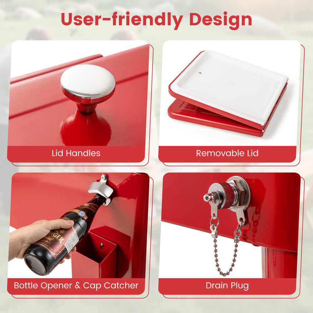 Red portable outdoor patio cooler cart features a removable lid, bottle opener, and drain plug for easy use and.