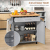 Rolling kitchen island cart in gray with spacious countertop, adjustable inner shelf, and towel/spice rack for.