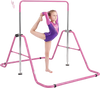 Kids gymnastics bar in pink with adjustable height, supporting up to 143 lbs for safe practice and easy storage.