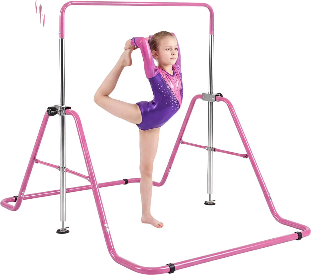 Kids gymnastics bar in pink with adjustable height, supporting up to 143 lbs for safe practice and easy storage.