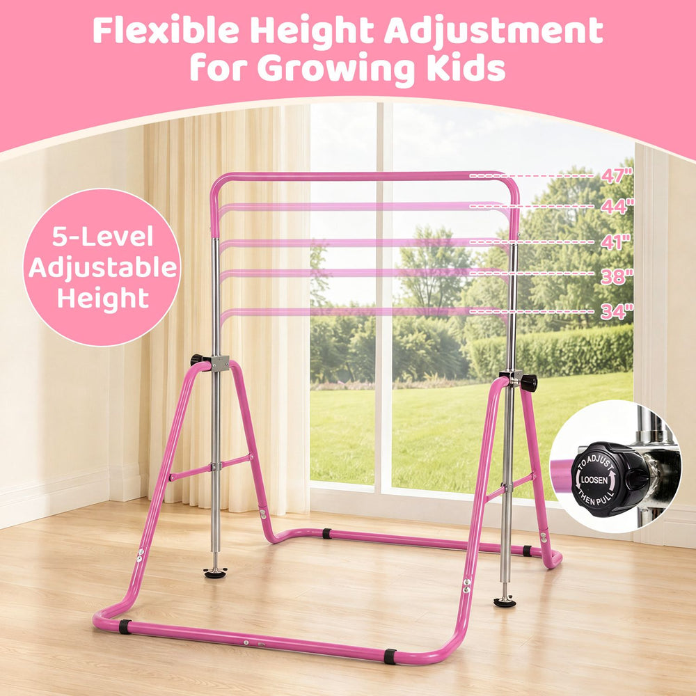 Adjustable pink kids gymnastics bar with 5 height levels, supporting up to 143 lbs for safe practice and easy storage.