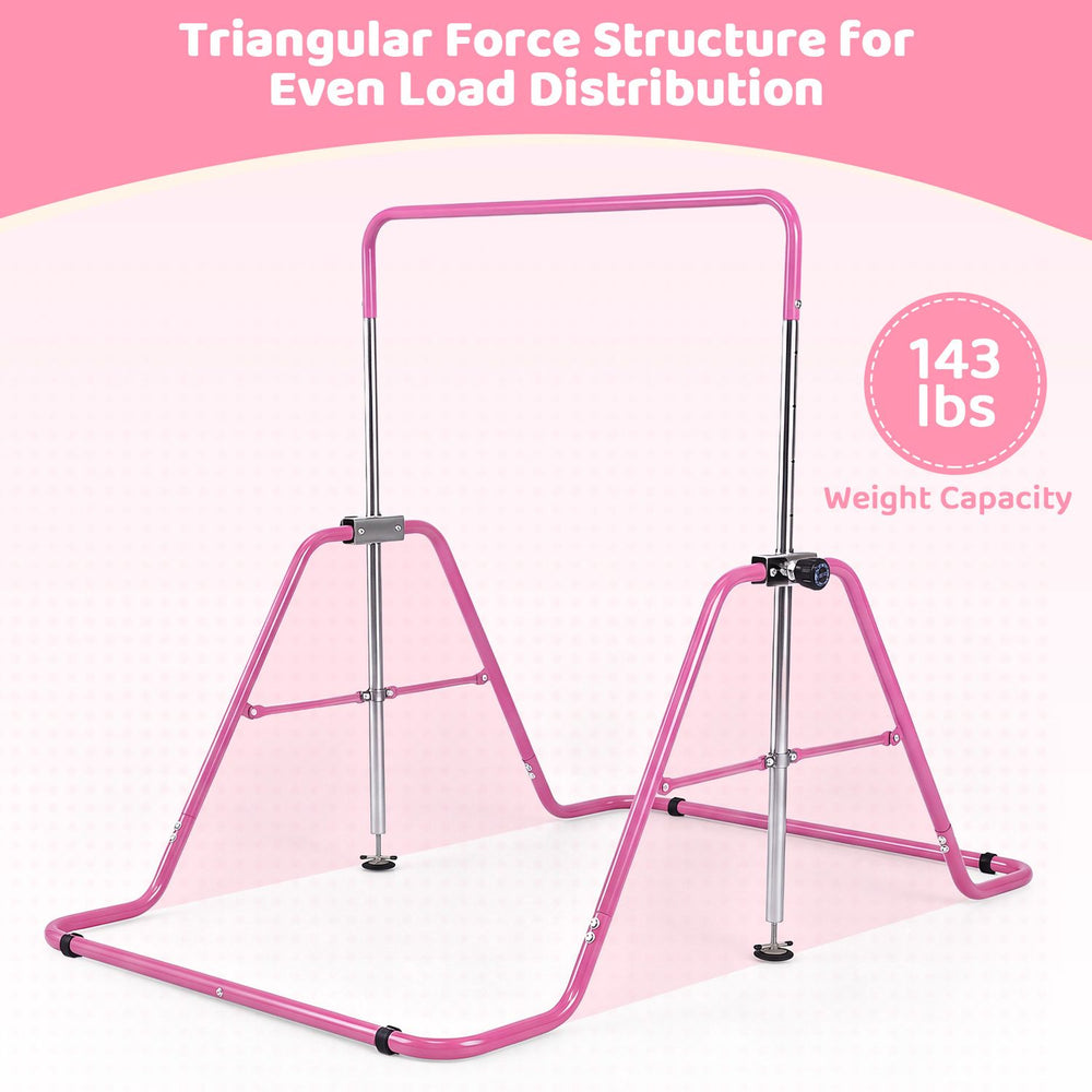 Foldable pink kids gymnastics bar features 5 adjustable heights and supports up to 143 lbs for safe practice.