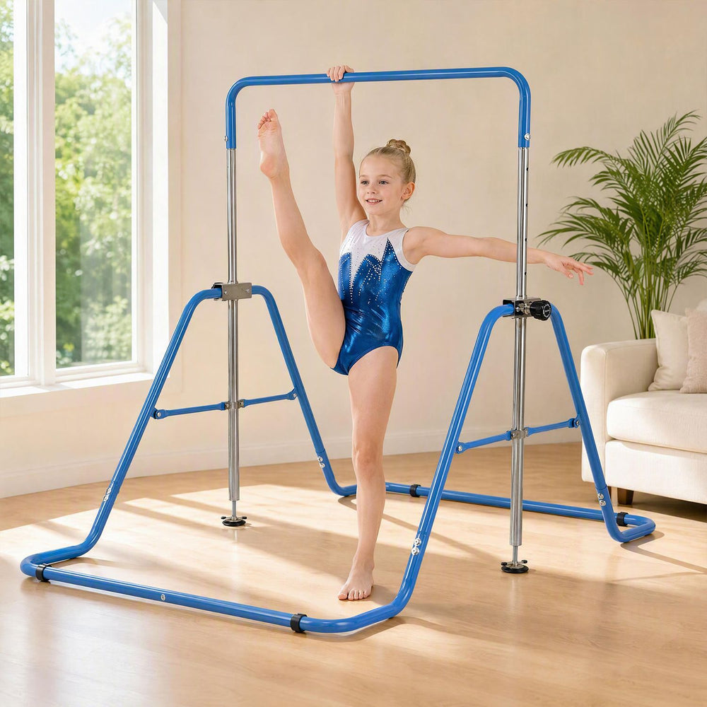 143 lbs Capacity Foldable and Adjustable Kids Gymnastics Bar with 5 Height Levels-Blue - Gallery View 1 of 10